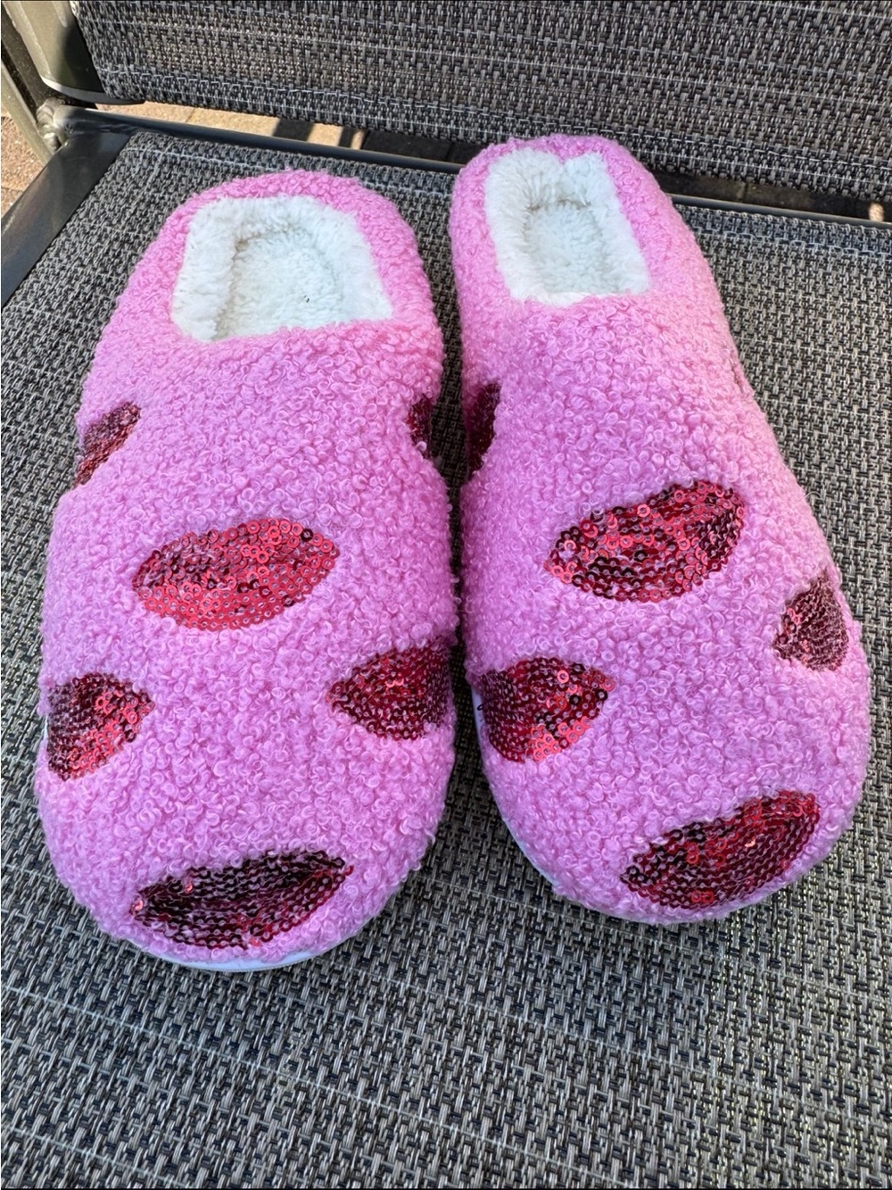 Pink fleece slippers with Red Sequins lips
